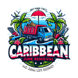 Caribbean Junk Removal logo with a blue truck on a beach, palm trees, and tools.