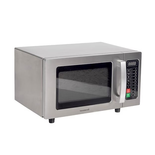 Microondas de encimera de acero inoxidable con puerta negra y panel de control con teclado a la derecha.