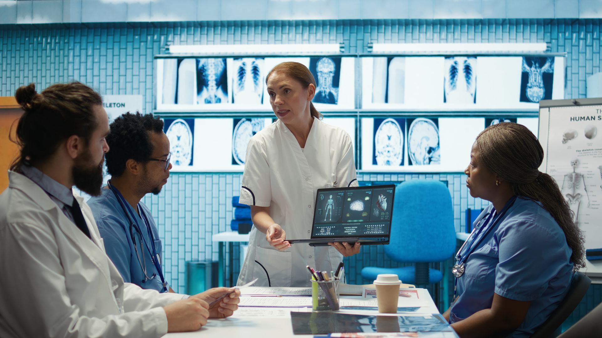 medical team examine graph x-rays using medical devices 