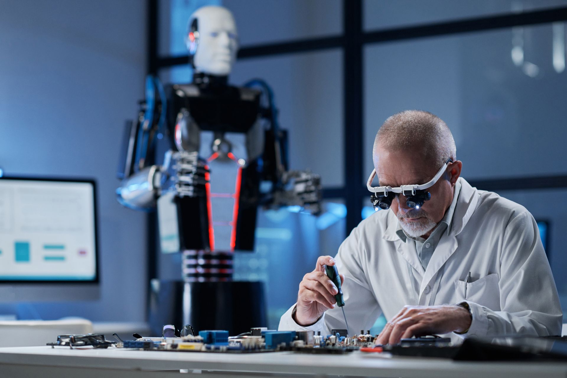 A man in a lab coat is working on a robot.