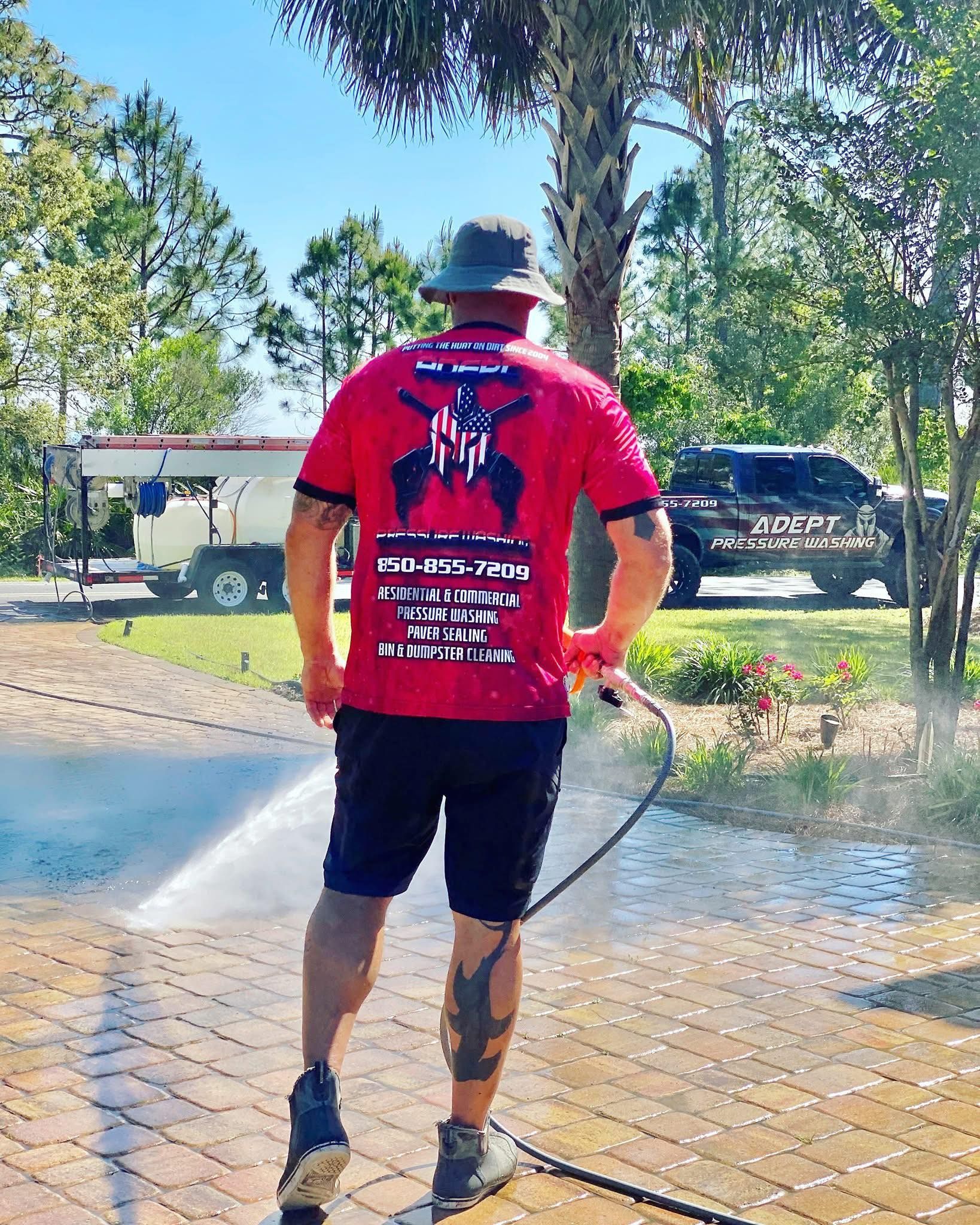 A person wearing a red shirt and bucket hat pressure washes a paved driveway near a truck in a sunny outdoor setting.