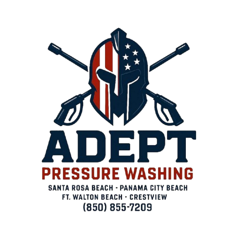 Logo for Adept Pressure Washing, featuring a Spartan helmet styled like the American flag with crossed pressure washers.