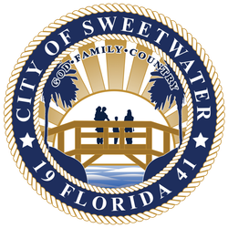 City of Sweetwater, Florida seal with rope border and bridge silhouette over sunburst, stars, and “1959” text