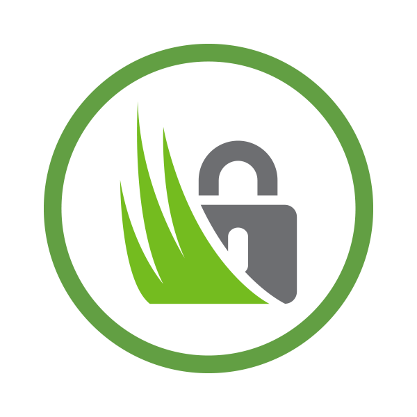 Green circular logo with gray unlocked padlock and green leaf shapes on white background