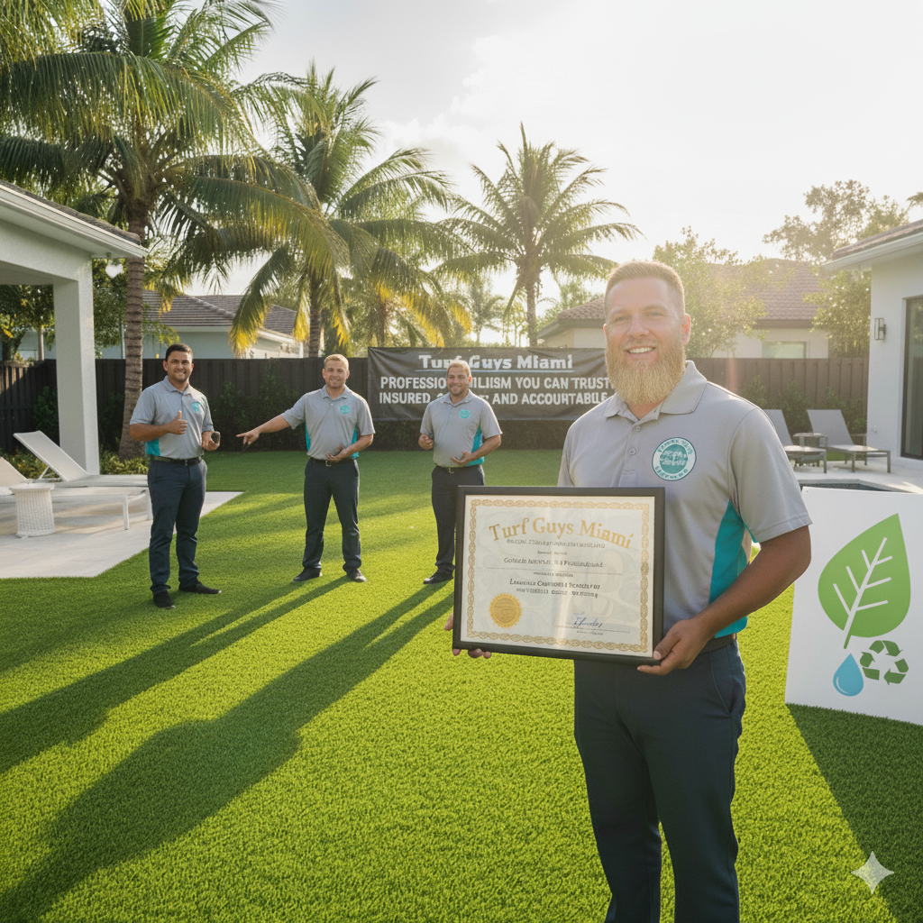 Four men on green turf; one holds a framed certificate, others stand in the sun near a pool and palm trees.