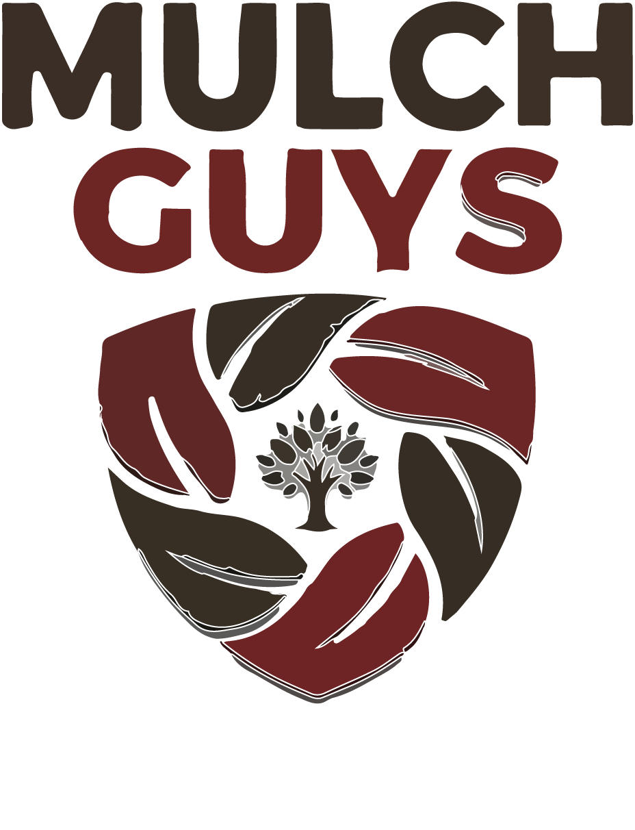 Logo reading “Mulch Guys” with stylized maroon and brown mulch swirl and small plant icon