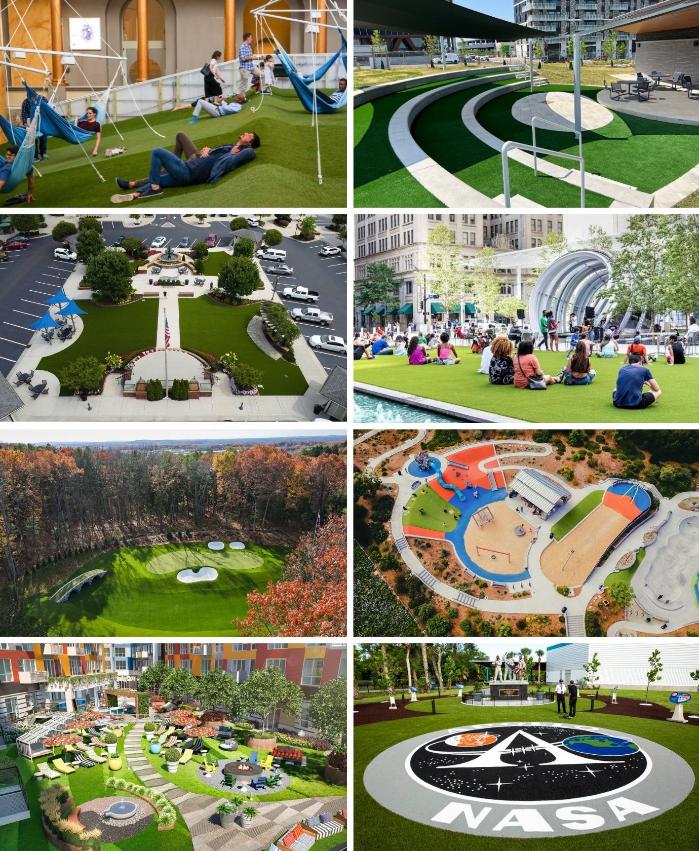 Collage of landscaped park and playground spaces with lawns, paths, and people relaxing outdoors