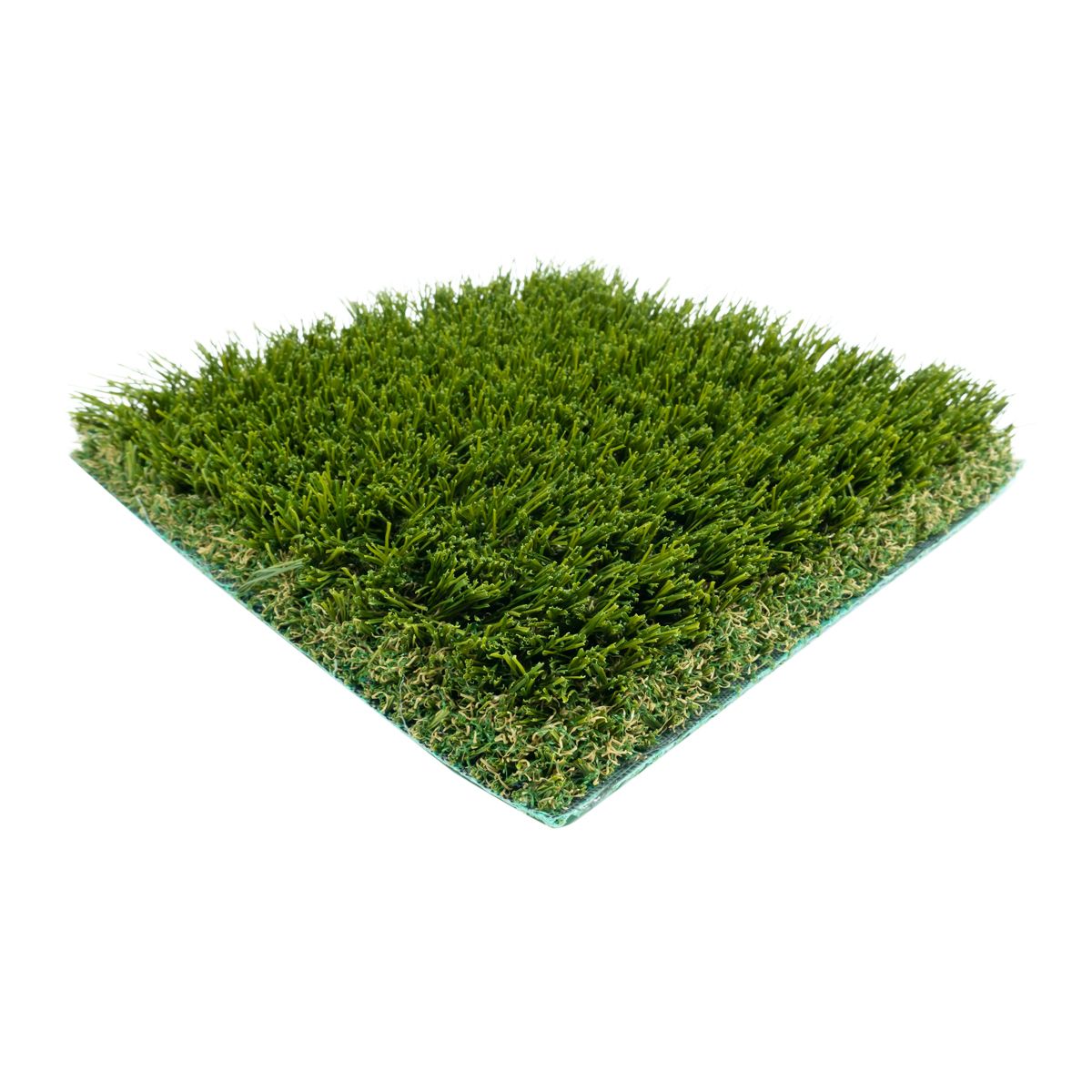Dense green grass patch on a square turf mat, isolated on a white background