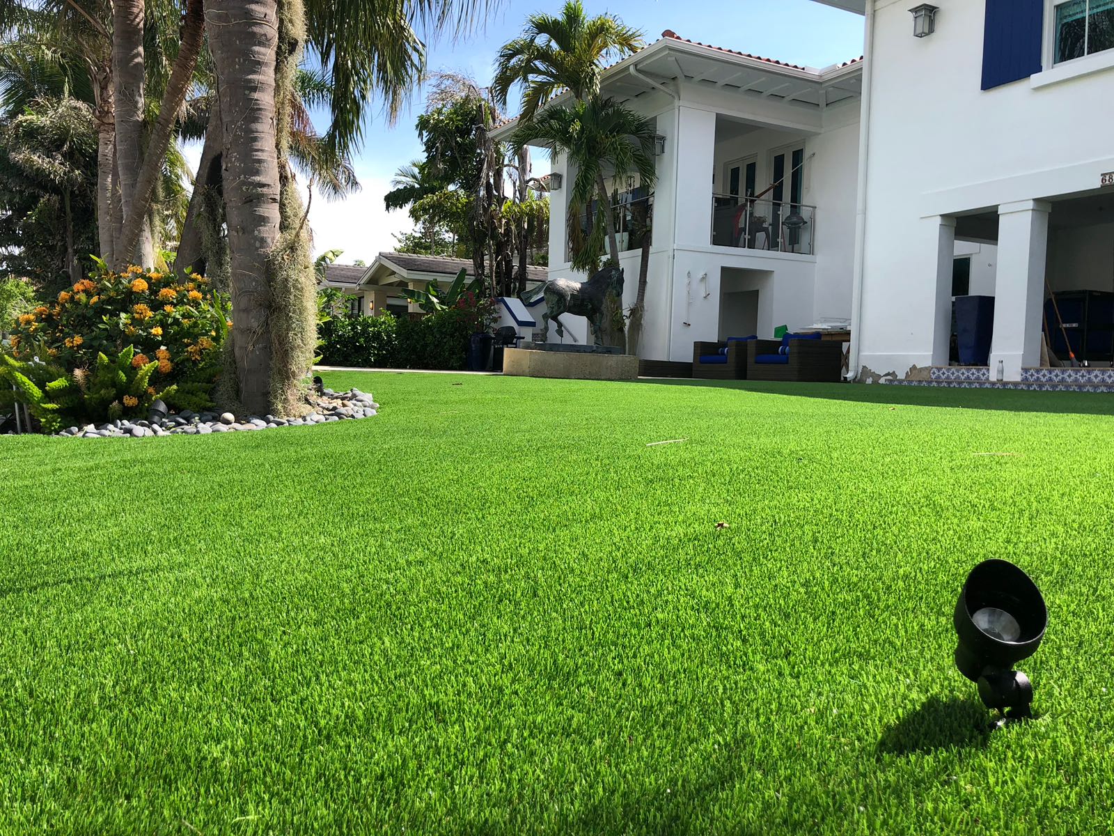 Lush green lawn with palm trees and a white house in the background, under bright sunlight.