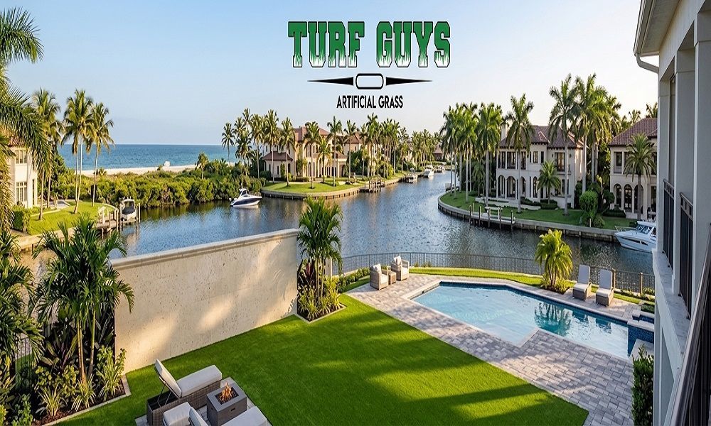 Resort pool and palm-lined waterfront with ocean view and TURF guys logo