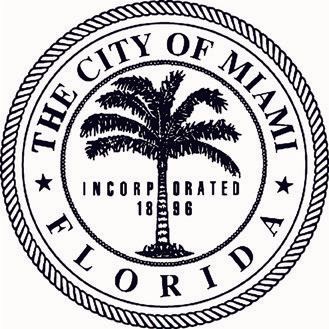 City of Miami, Florida seal with palm tree and circular text in black and white