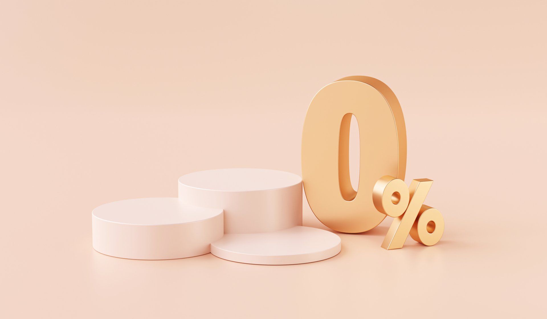 Pastel peach 3D percentage symbol beside stacked coins, representing savings or discount concept