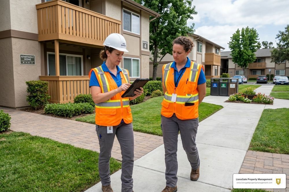 Two utility workers in orange vests review a tablet on a suburban sidewalk beside apartment buildings.