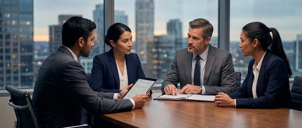 Business meeting with four colleagues seated at a conference table in an office with a city view