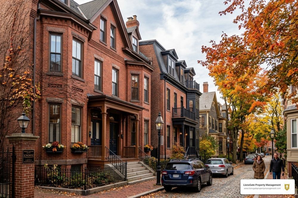 Brick row houses on a tree-lined street in autumn, with parked cars and colorful fall foliage.