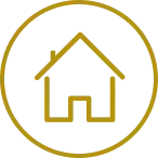 Gold outline home icon inside a circle on a white background