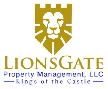 Gold lion crest logo with “LionsGate Property Management, LLC” and tagline “Kings of the Castle”