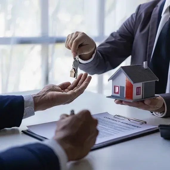 Person hands over house keys during a real estate signing meeting.