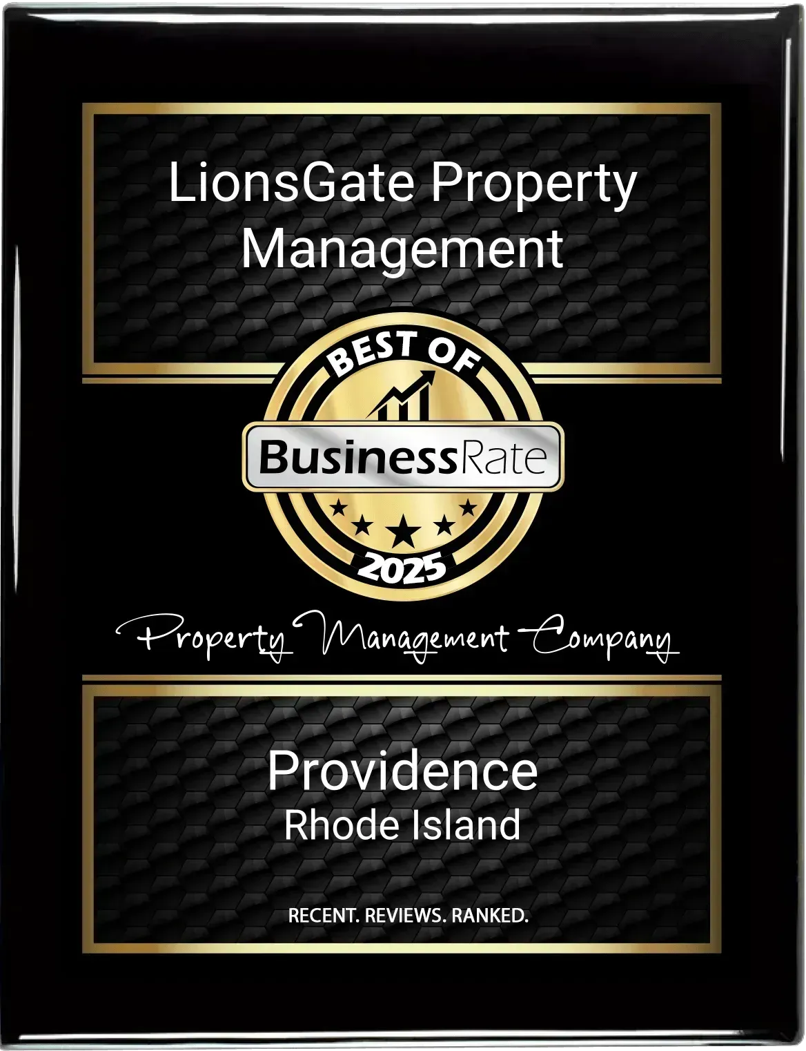 LionsGate Property Management award plaque from BusinessRate 2025, Providence, Rhode Island