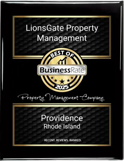 LionsGate Property Management award plaque from BusinessRate 2025, Providence, Rhode Island