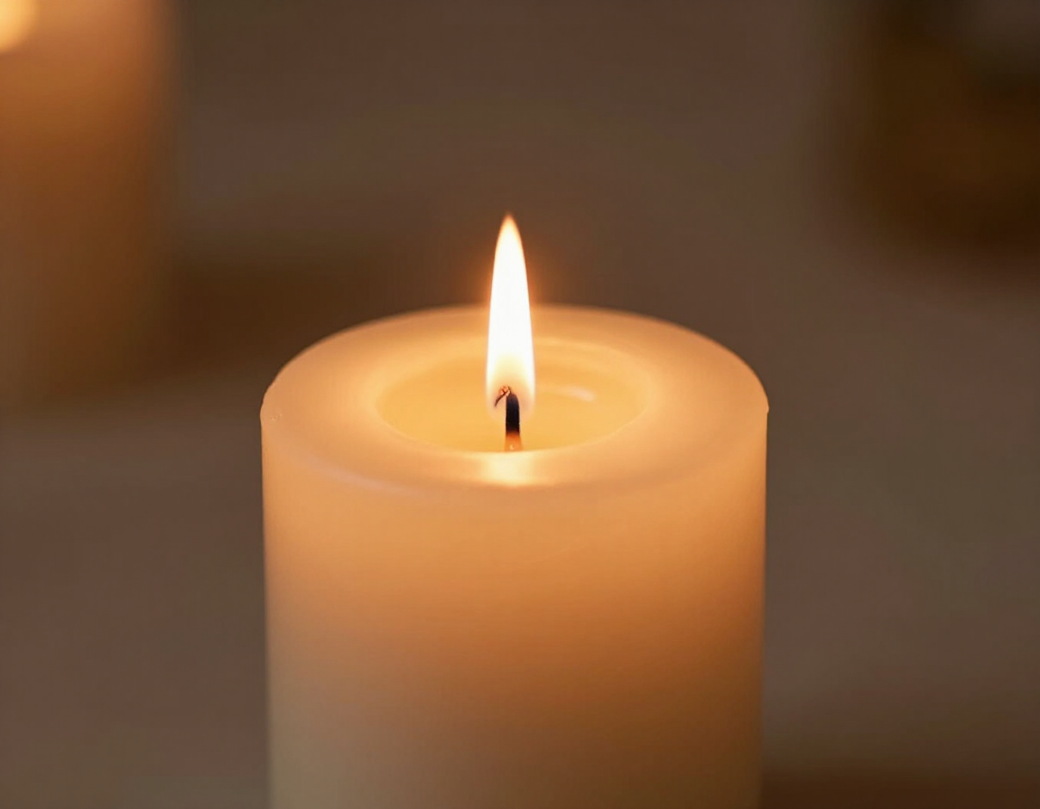 Vela encendida en suave foco como símbolo de paz y recuerdo
