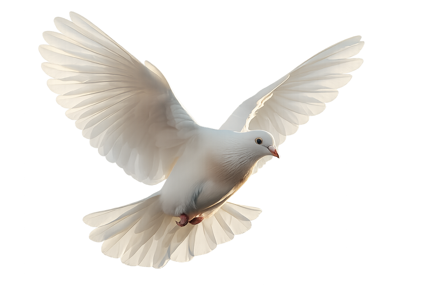 Paloma blanca volando con las alas extendidas sobre un fondo blanco liso.