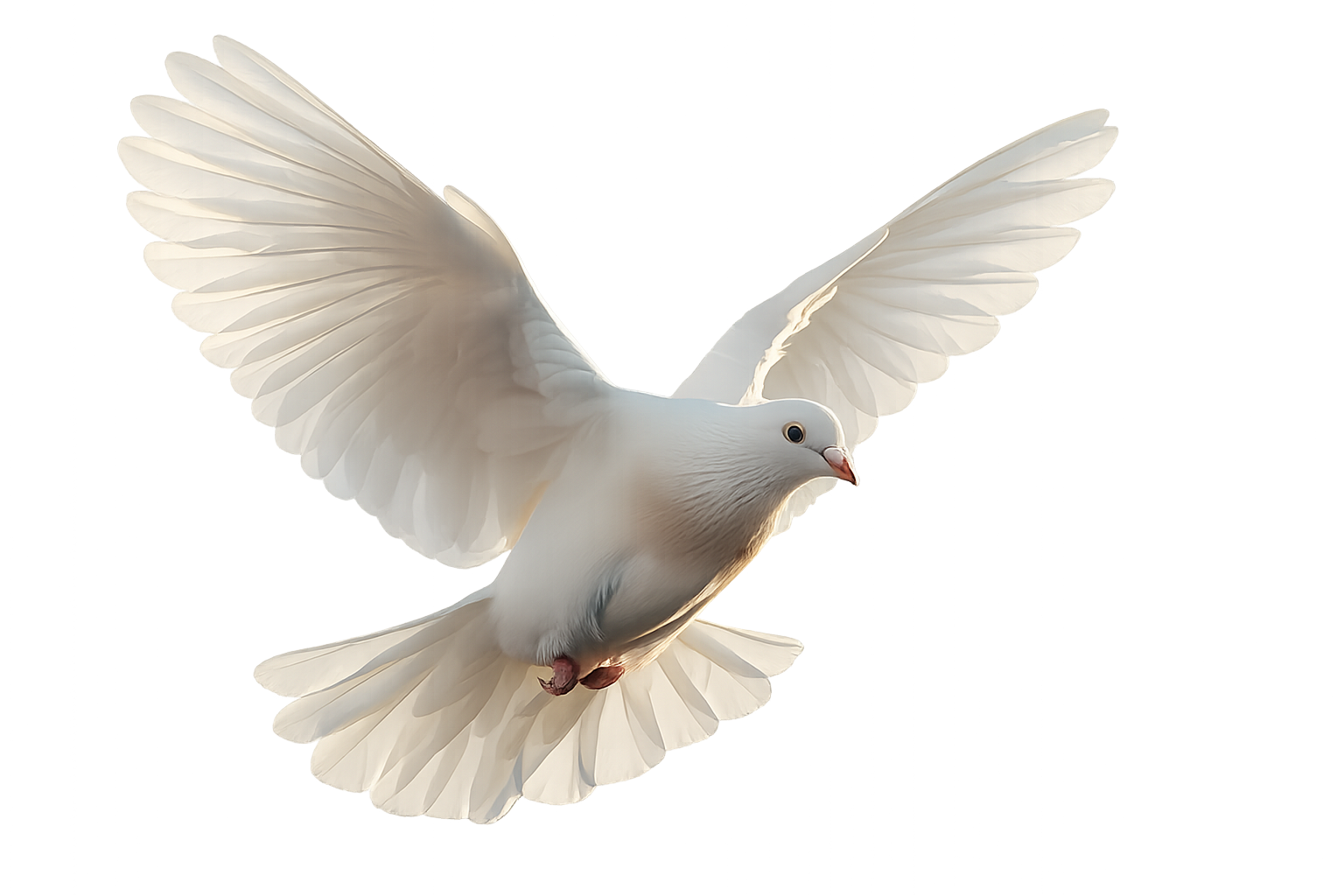 Paloma blanca volando con las alas extendidas sobre un fondo blanco liso.