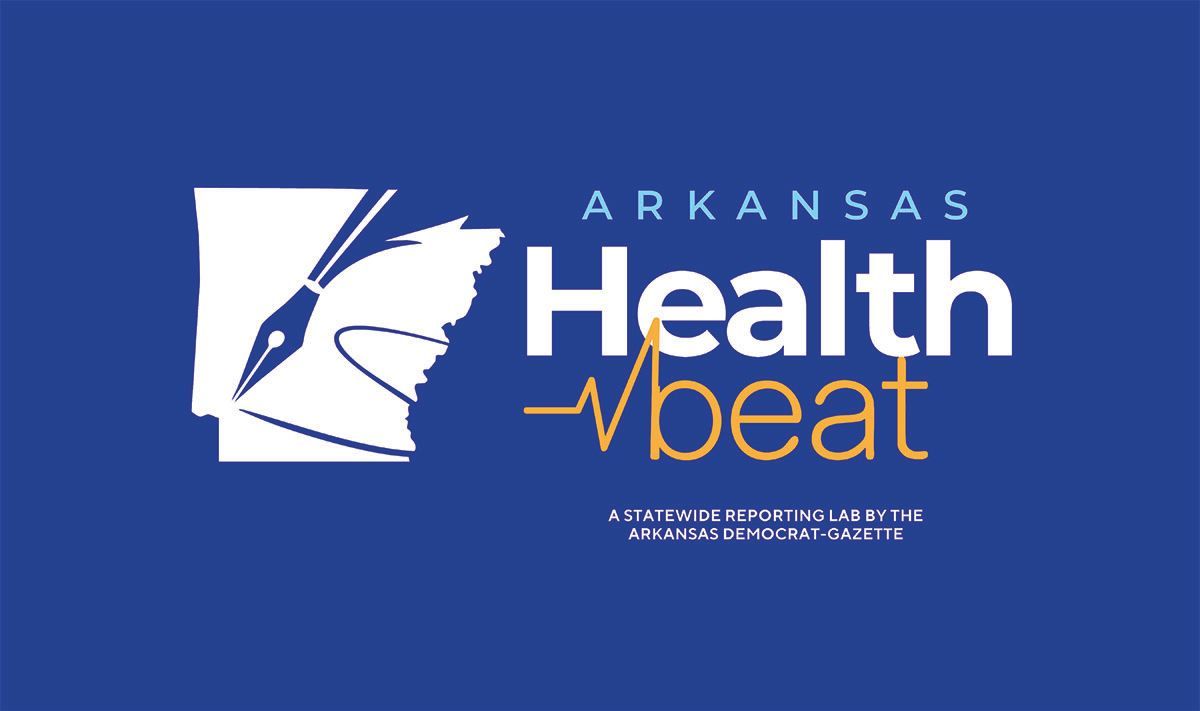 Arkansas Health Beat logo on blue background with white and gold text and a white profile icon