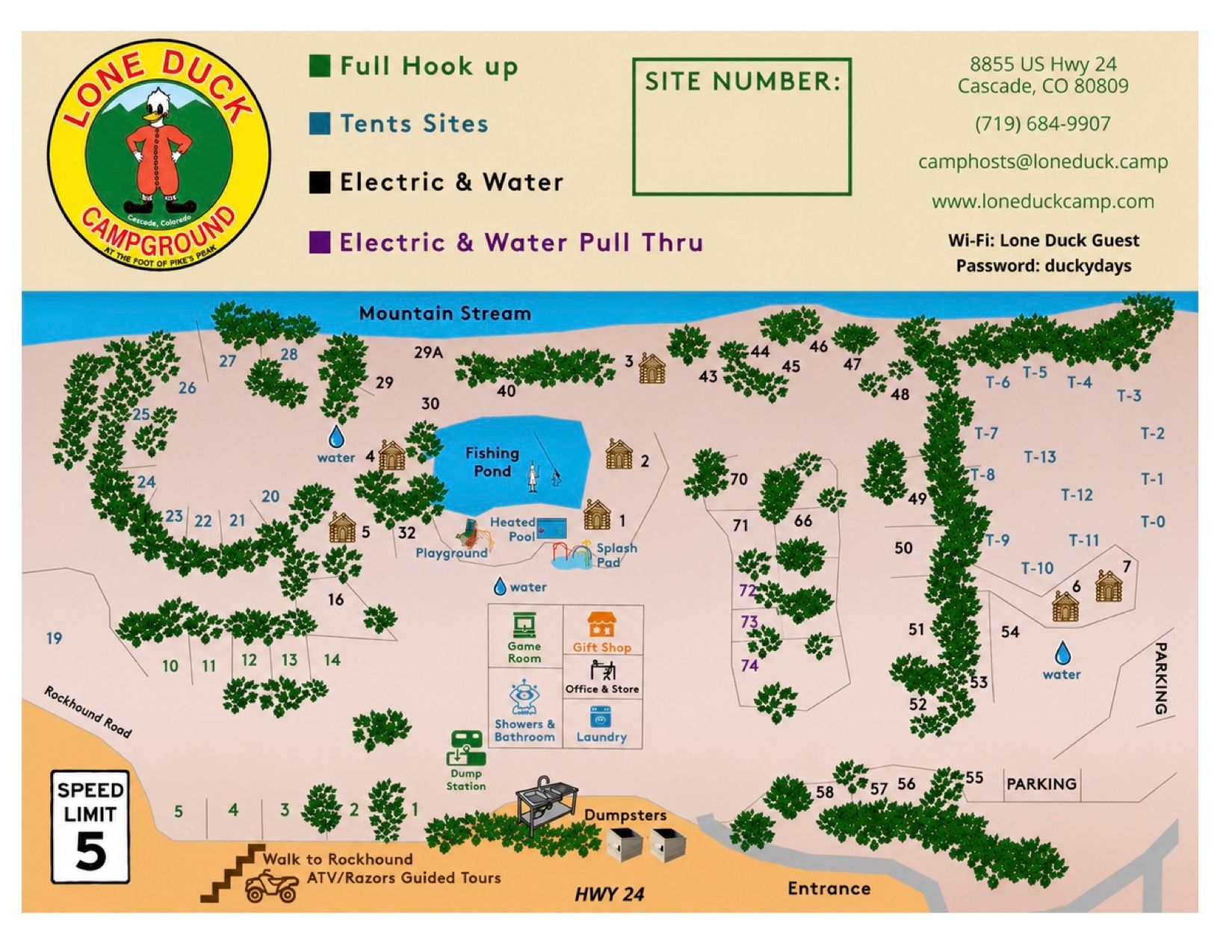 Campground site map with numbered lots, trees, roads, and a lake, marked for hookups and electric/water pull-throughs