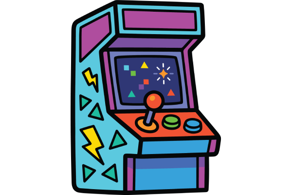Colorful arcade game cabinet with joystick and buttons, showing a retro space game on the screen