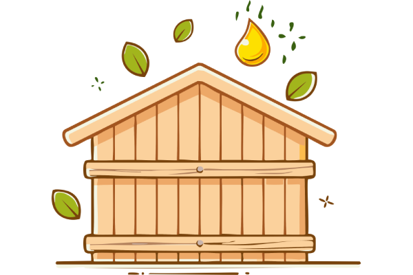 Wooden beehive with leaves and a droplet icon above it, suggesting honey or nature.