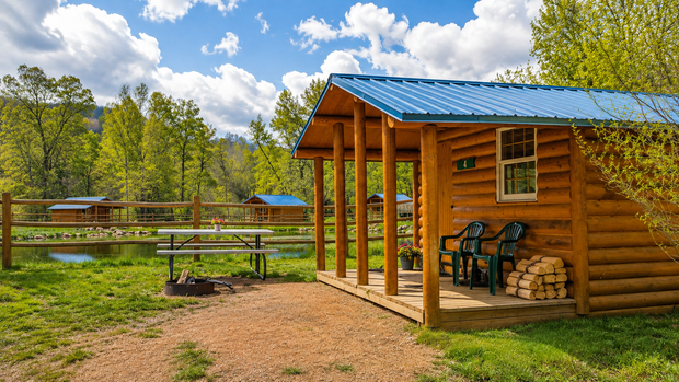 Log cabin porch with chairs beside a pond, surrounded by green trees under a blue sky