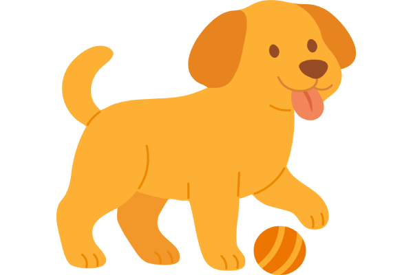 Cartoon orange puppy standing with tongue out beside a striped ball