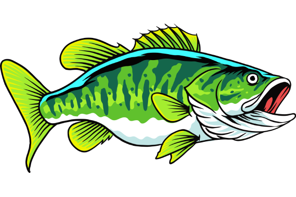 Green and yellow fish swimming right, with open mouth and detailed fins