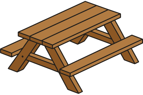 Brown wooden picnic table with attached benches on a white background