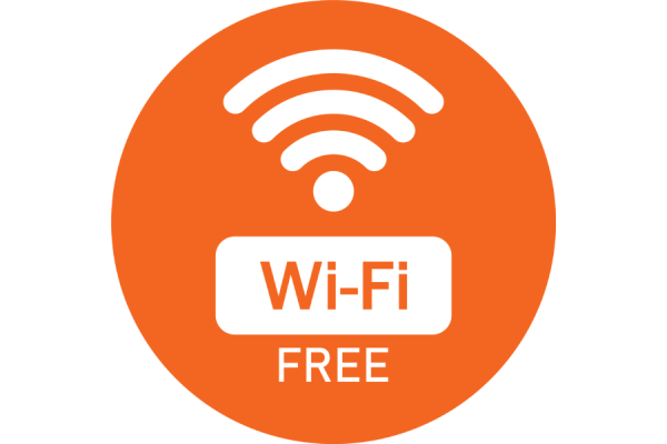 Orange Wi‑Fi free sign with white wireless icon and text 