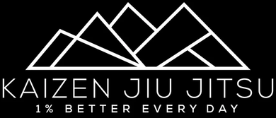 Kaizen Jiu Jitsu logo with mountain peaks and the slogan “1% Better Every Day” on a black background