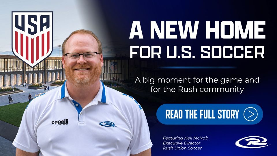 Man smiling in white polo beside U.S. Soccer logo and stadium, with text: “A New Home for U.S. Soccer.”