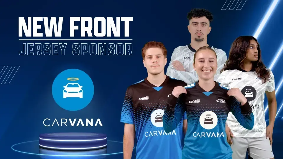 Carvana jersey sponsor announcement with athletes wearing jerseys. Blue background, Carvana logo featured.