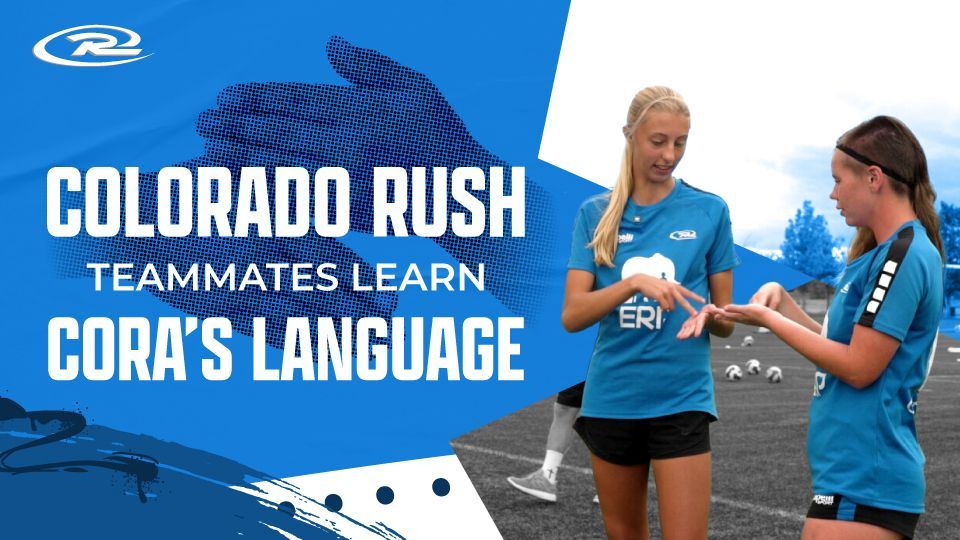 Colorado Rush teammates learn Cora’s language on a blue team graphic with two players