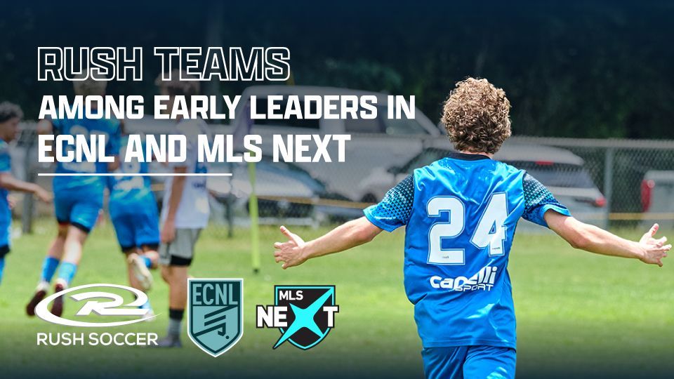 Youth soccer player in blue jersey #24 on field with text: “Rush teams among early leaders in ECNL and MLS Next.”