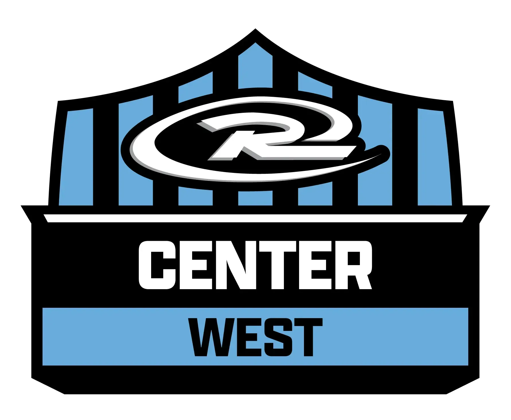 Logo for Center West, featuring a stylized “R” and blue and black design.