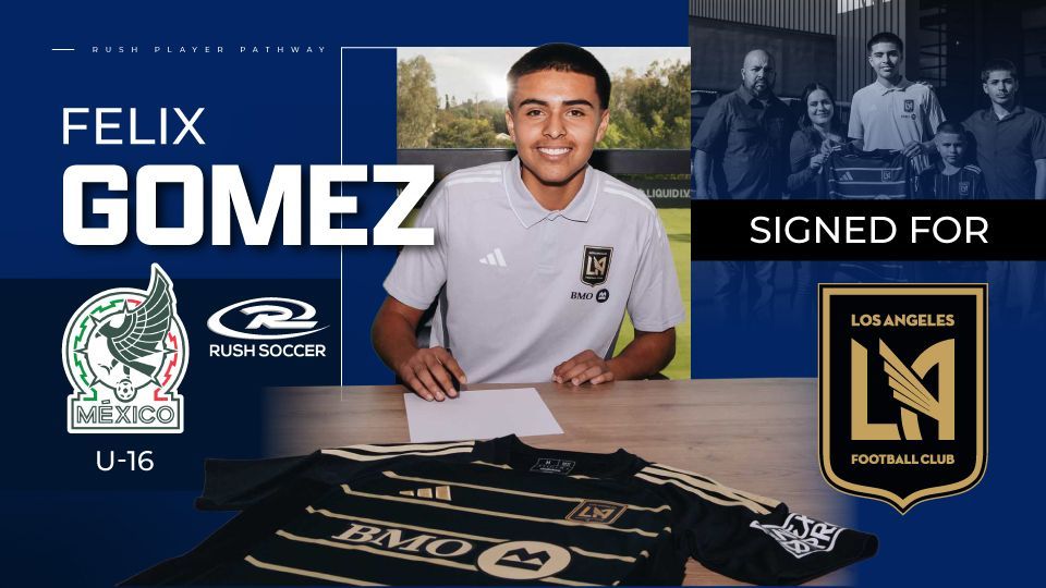 Felix Gomez signing announcement graphic for Rush Soccer and LAFC Youth, with jersey and logo