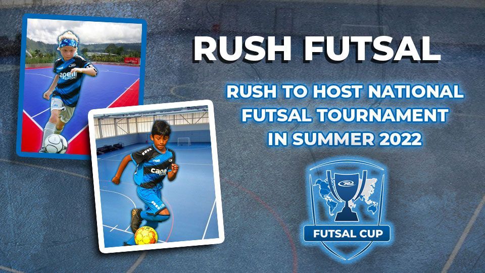 Rush Futsal ad with two children playing futsal, summer tournament announcement, and logo.