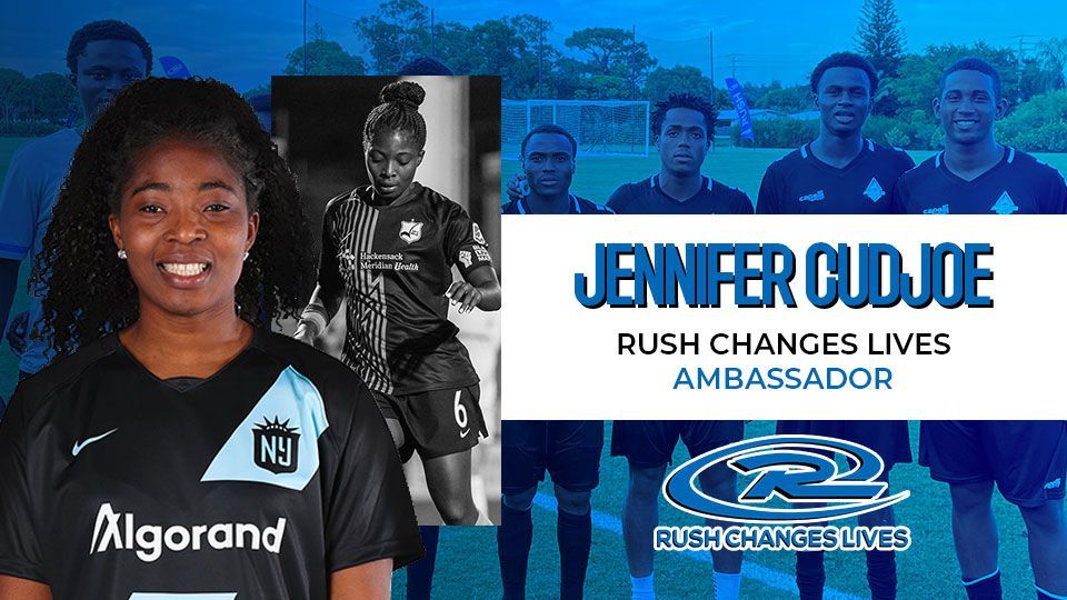 Jennifer Cudjoe, Rush Changes Lives Ambassador, smiling, with soccer images and logo.