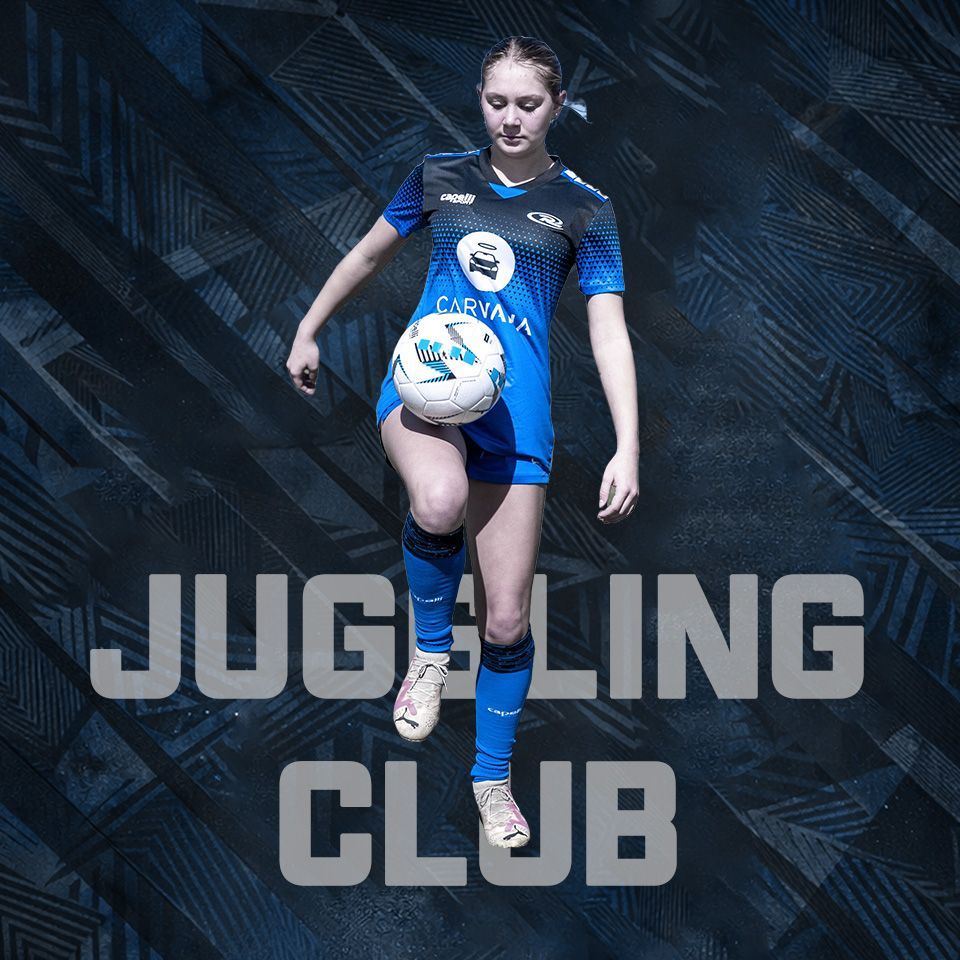 Female soccer player juggling a ball in a blue kit with “JUGGLING CLUB” text on a dark background