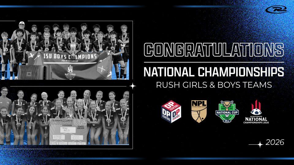Youth soccer team collage with “Congratulations National Champions” text and league logos on a black background