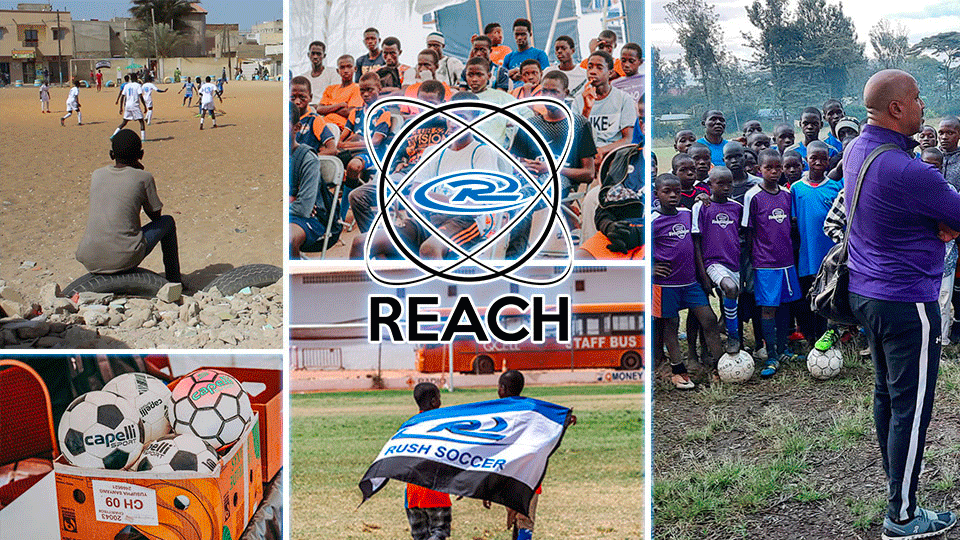 Collage showing children playing soccer, people watching, and Reach logo on a flag.