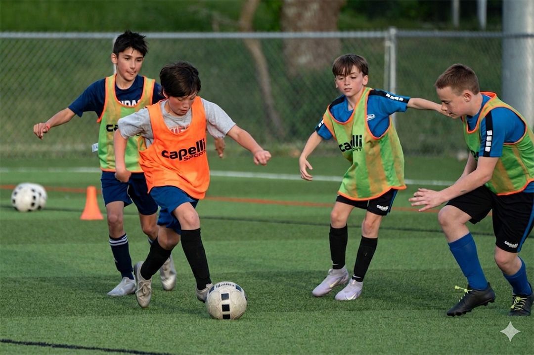 Youth soccer players in colorful jerseys chase the ball on a grassy field