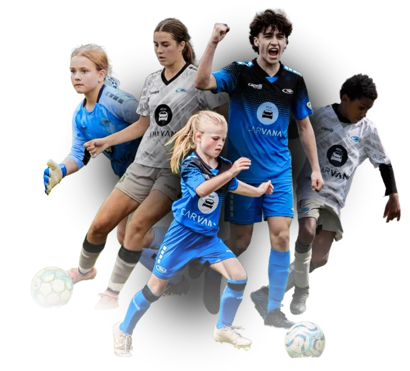 Youth soccer players in blue and grey uniforms on a soccer field, some mid-action.